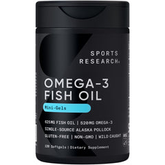 Sports Research Omega-3 mini-softgels in Alaska Pollock bottle for convenient daily use