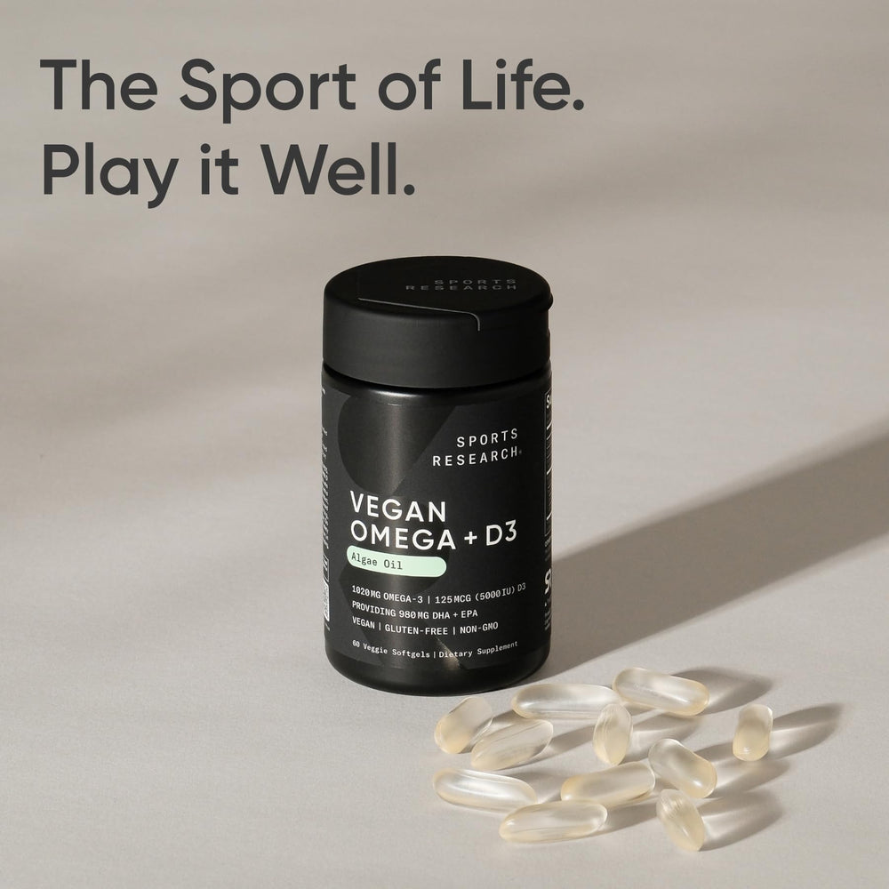 Sports Research omega-3 softgels shown with glass of water for daily routine.
