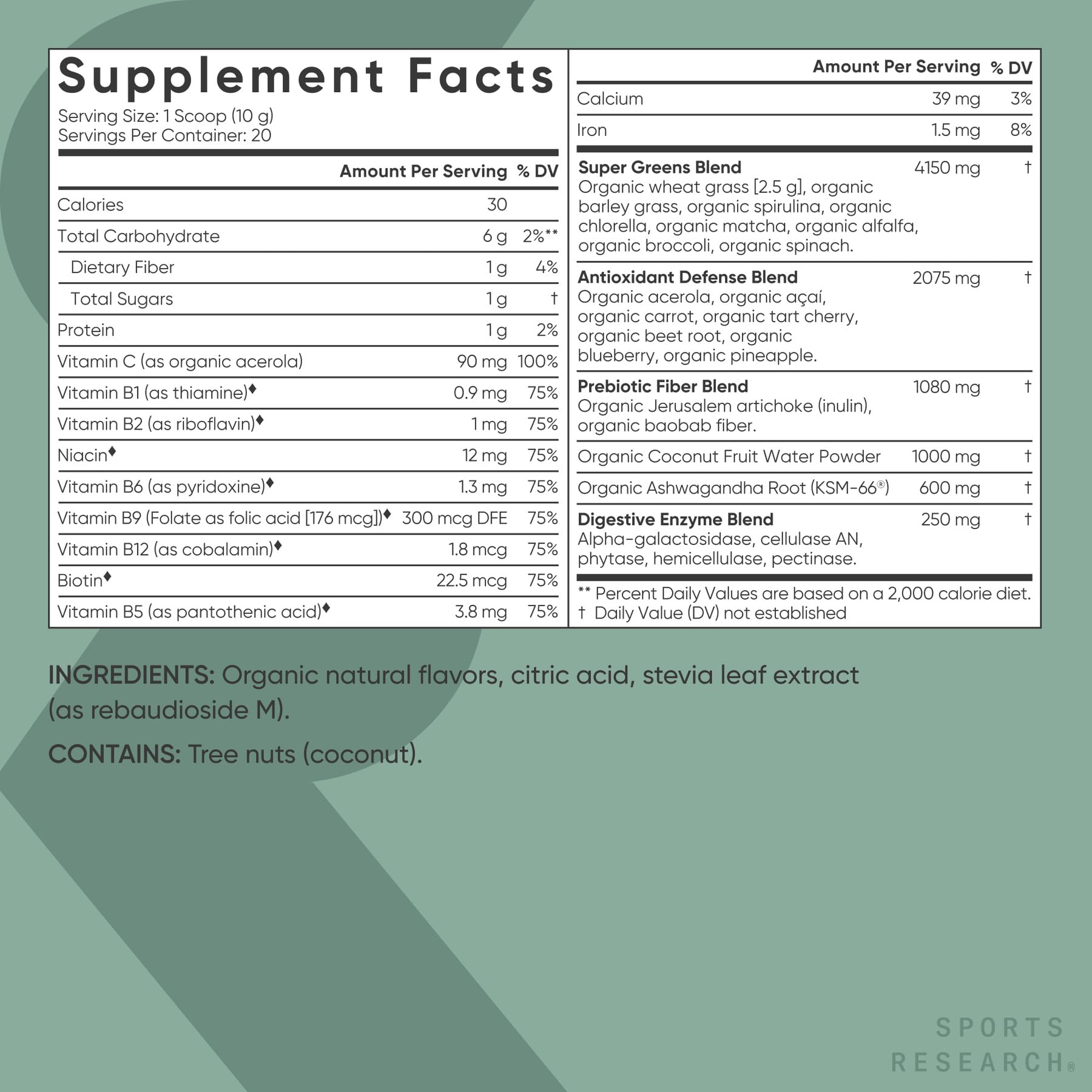 Sports Research Organic Greens spirulina and chlorella blend label close-up showing nutrient-rich ingredients.