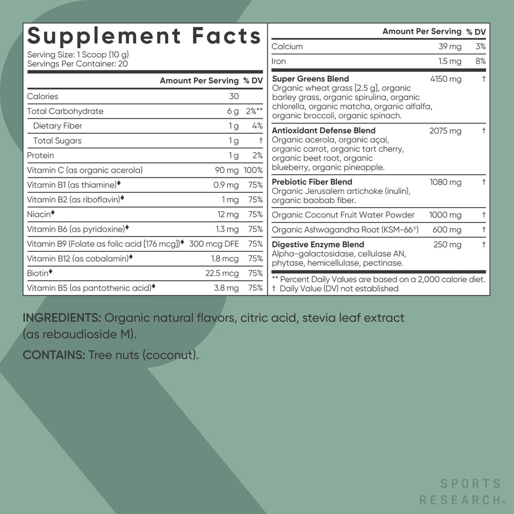 Sports Research Organic Greens spirulina and chlorella blend label close-up showing nutrient-rich ingredients.