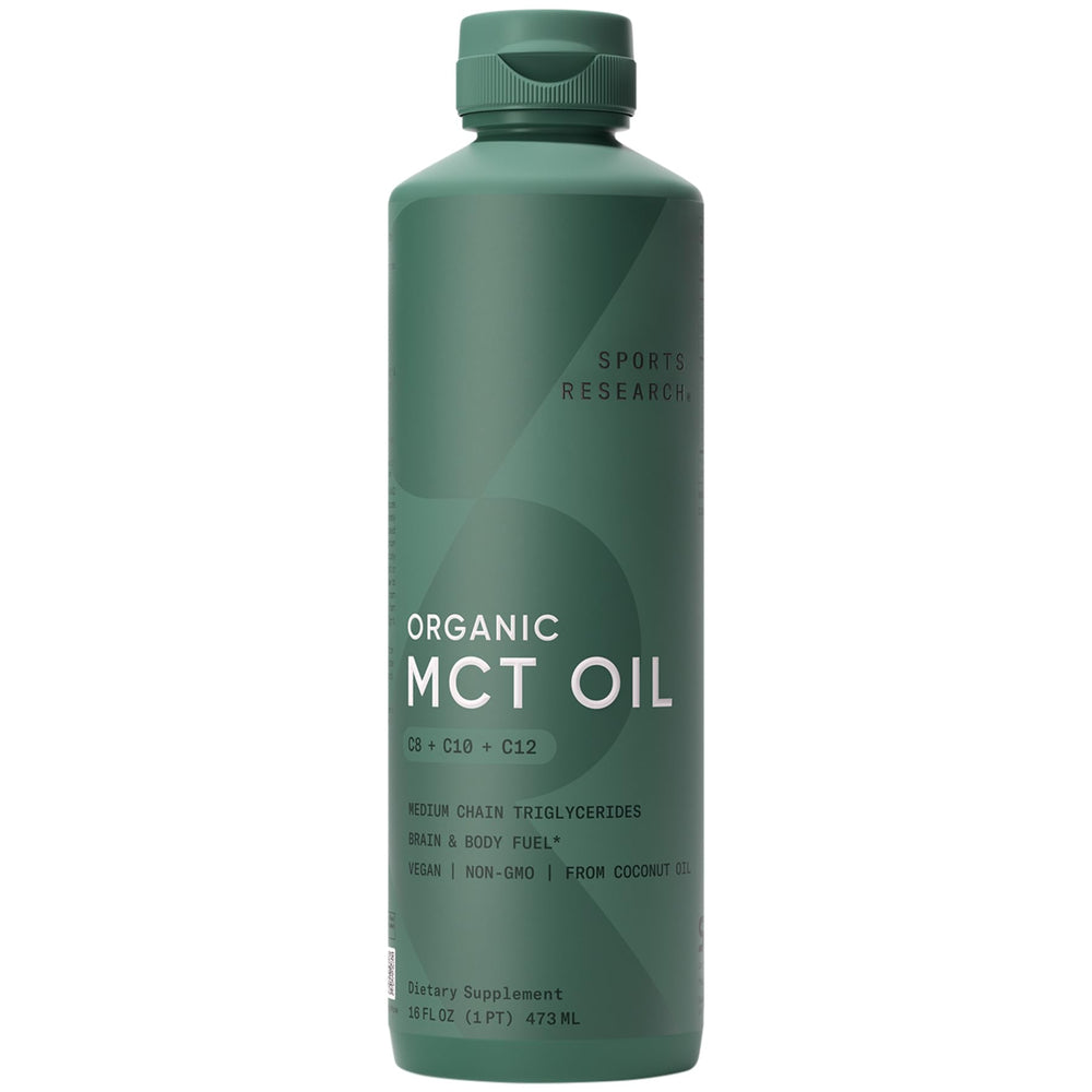 Sports Research Organic MCT Oil bottle closeup highlighting keto-friendly energy potential