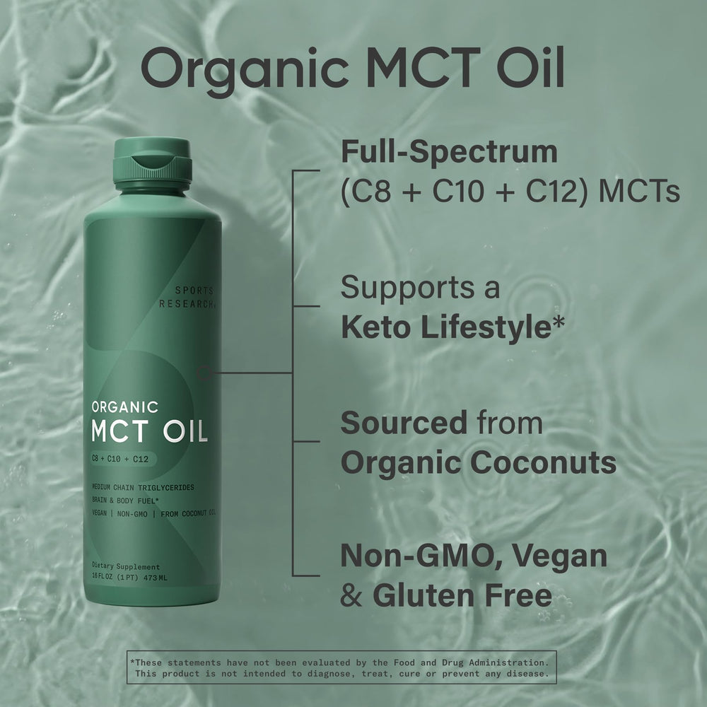 Sports Research Organic MCT Oil bottle on kitchen counter ready for keto meals