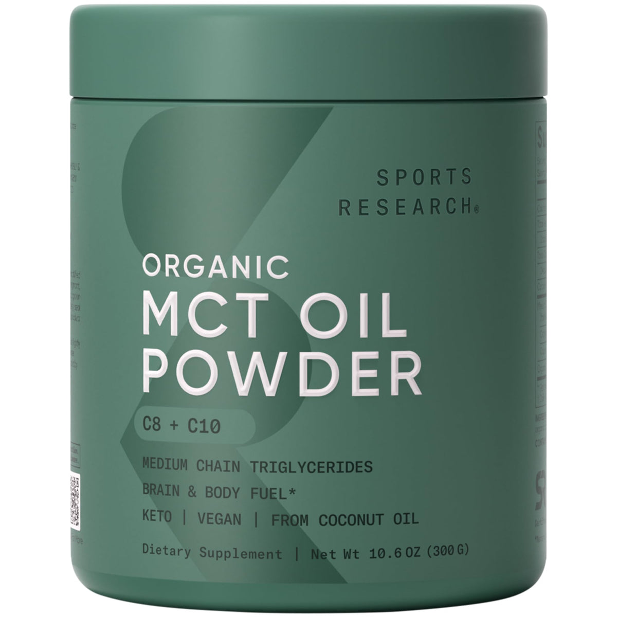 Sports Research MCT Powder jar, keto-friendly coconut oil fuel.