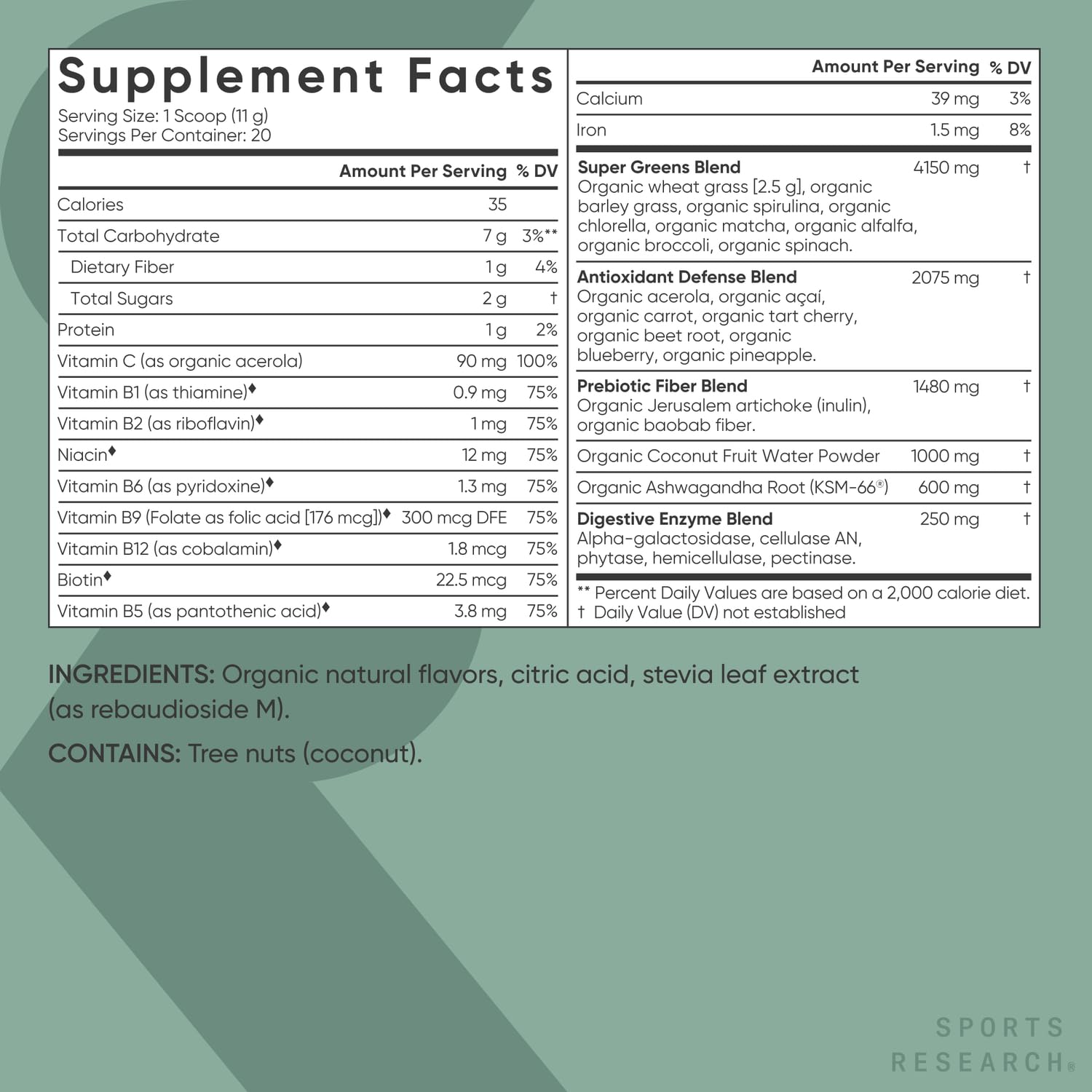 Sports Research Organic Pineapple Coconut Greens ingredients—prebiotic fiber and enzymes
