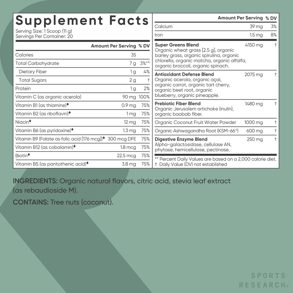 Sports Research Organic Pineapple Coconut Greens ingredients—prebiotic fiber and enzymes