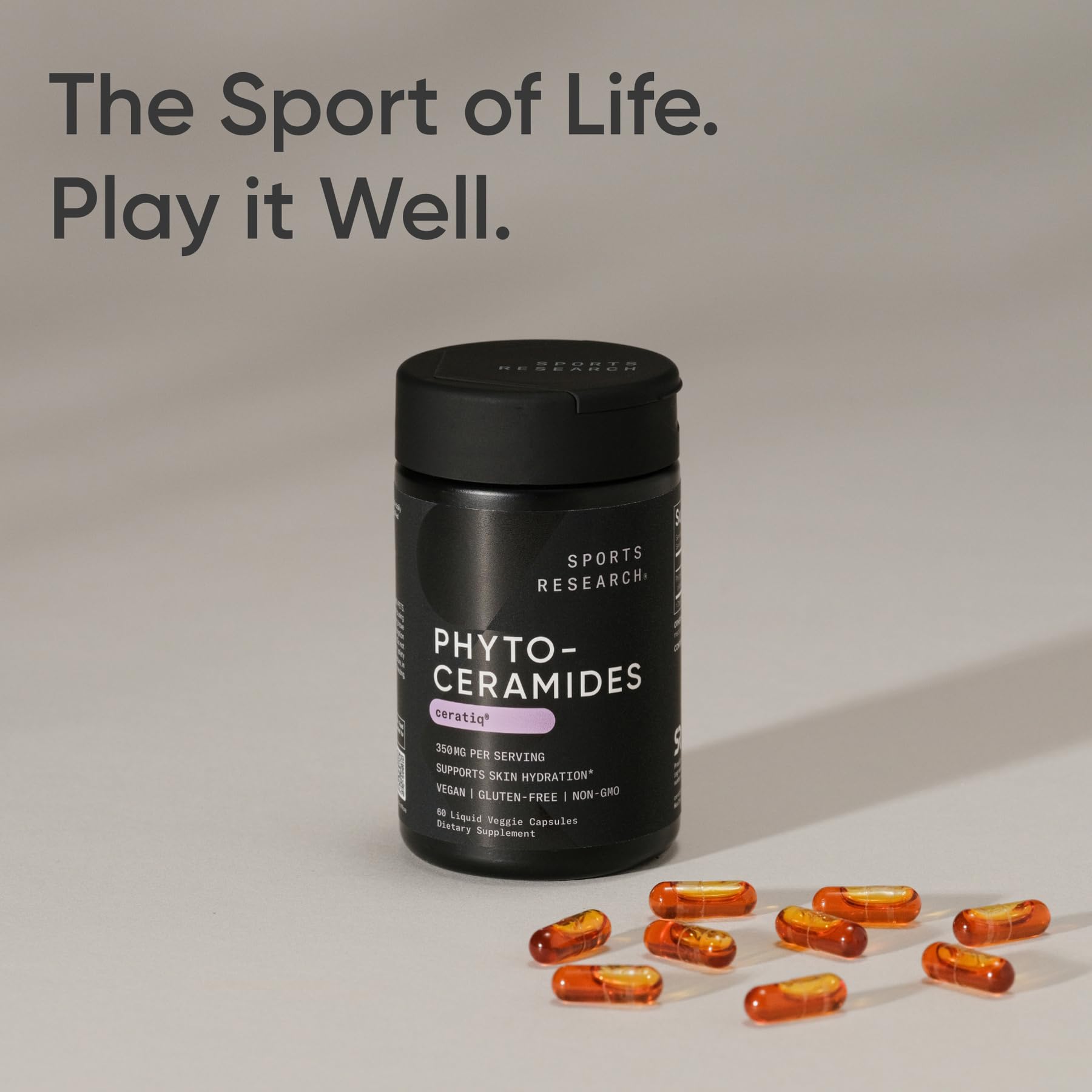 Sports Research Phytoceramides bottle angled shot emphasizes hydration and radiance benefits.