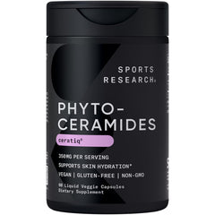 Sports Research Phytoceramides bottle front view highlighting Ceratiq for daily skin hydration.