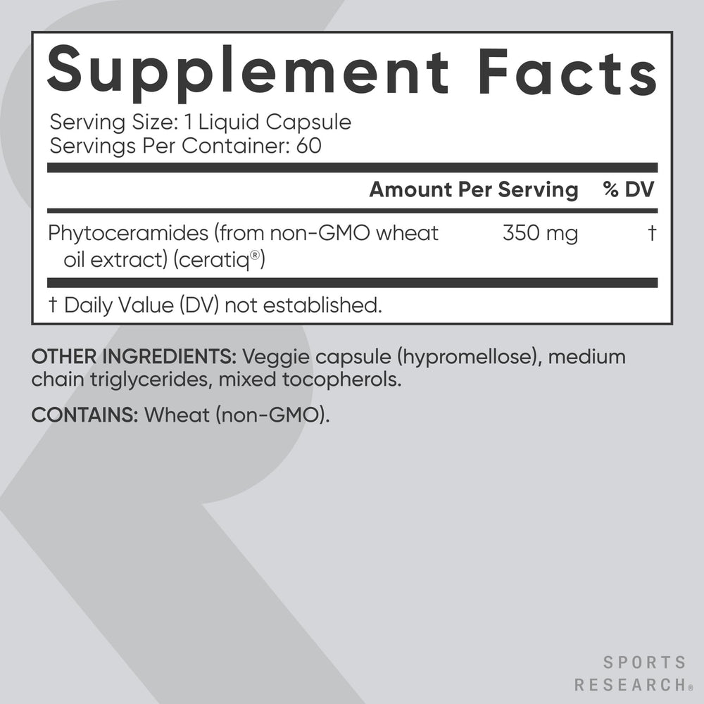 Sports Research Phytoceramides capsule close-up highlighting vegan capsule and 350 mg dose.