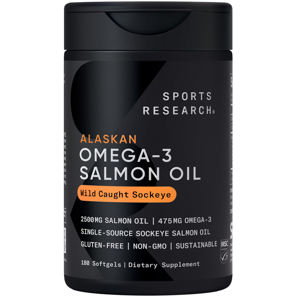Sports Research Salmon Oil bottle front view highlighting wild Alaskan sourcing and omega-3 benefits