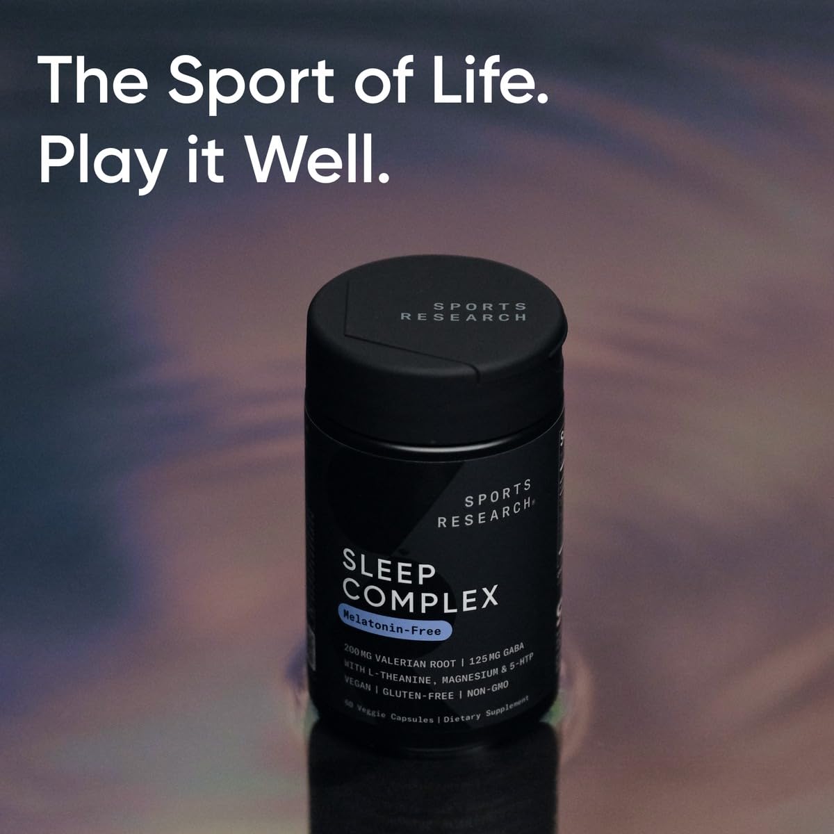 Sports Research Sleep Complex on bedside table, promoting calmer nights.
