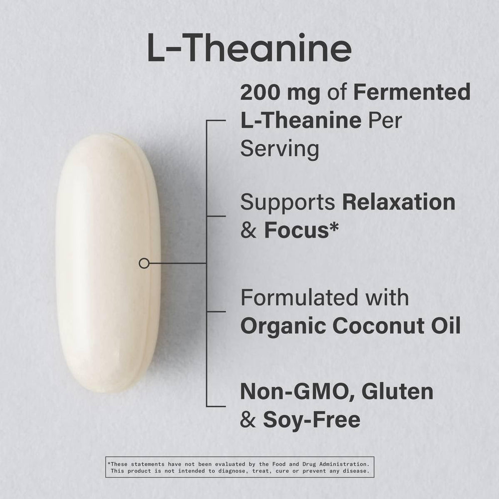 Sports Research Suntheanine softgels label indicating 200 mg for focused calm.