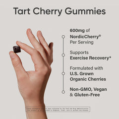 Close-up of Sports Research Tart Cherry Gummies showing chewy texture and vibrant color.