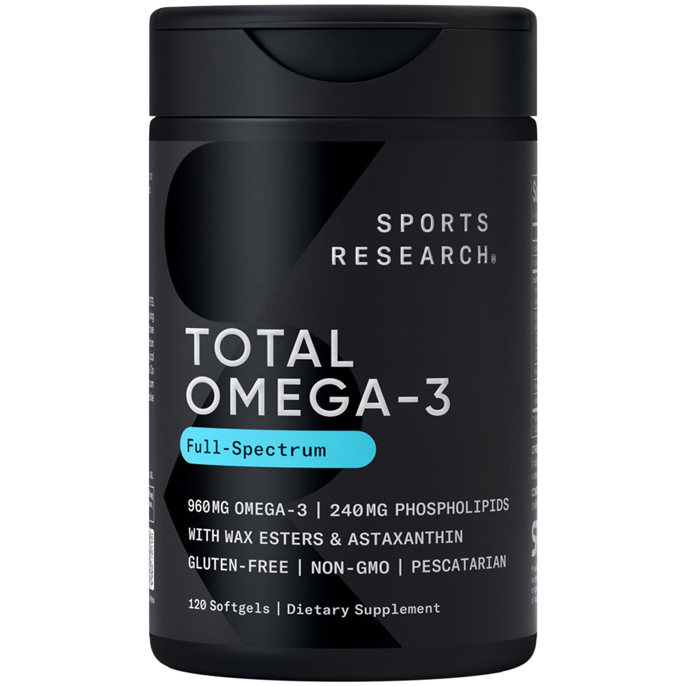Sports Research Total Omega-3 bottle front view showing the omega-3 blend for daily support