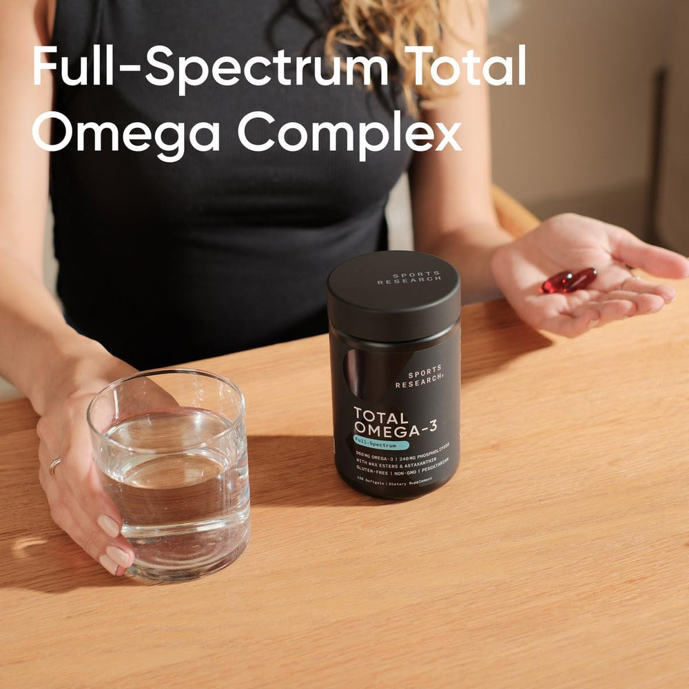 Sports Research Total Omega-3 third-party purity verification seal on packaging