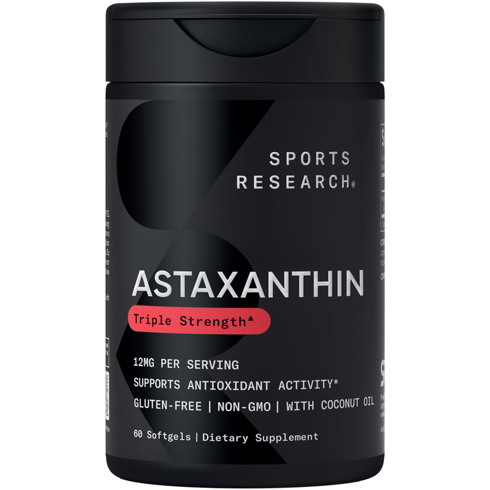 Sports Research triple-strength astaxanthin bottle, showcasing potent antioxidant support.