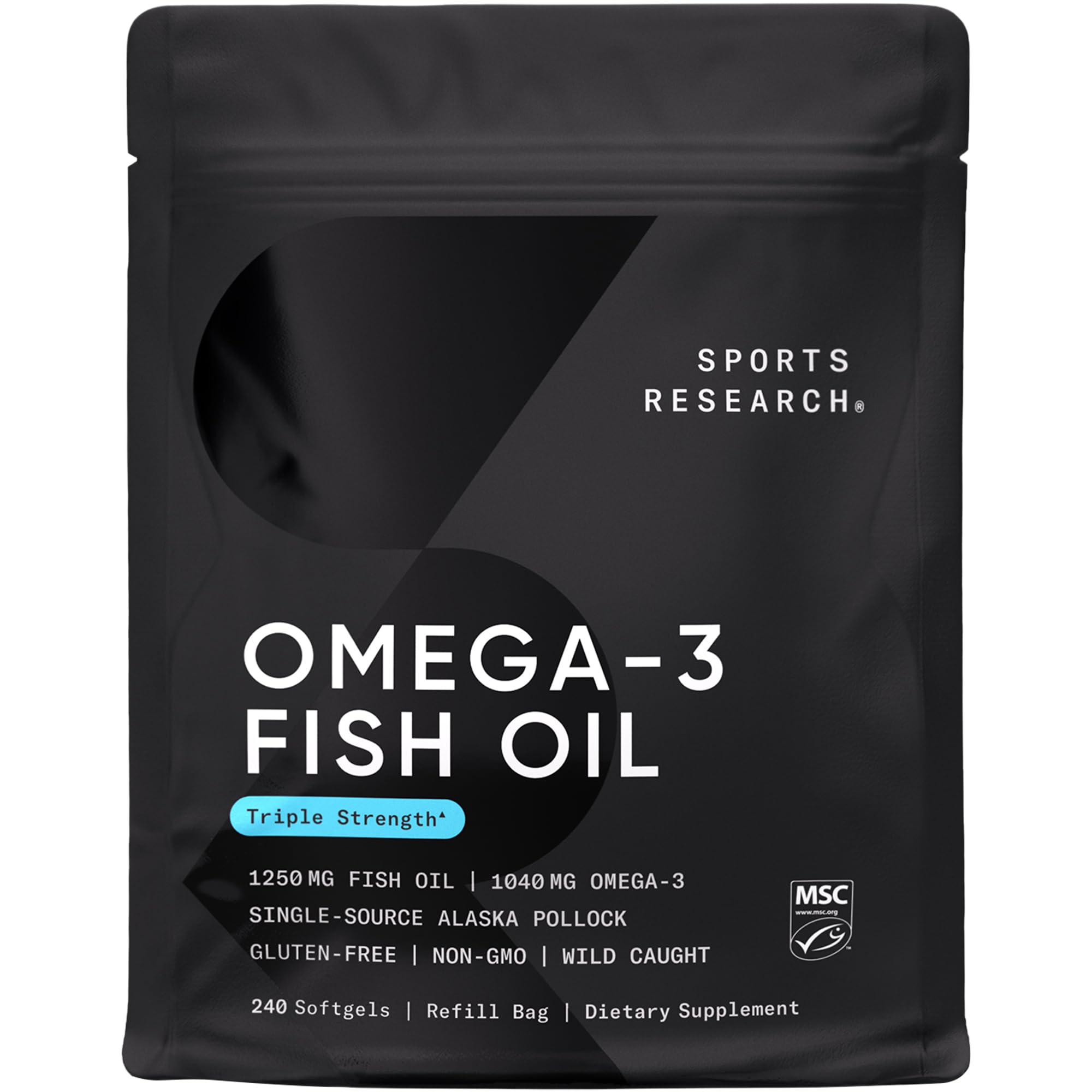 Sports Research triple-strength omega-3 bottle with burpless capsules for daily use