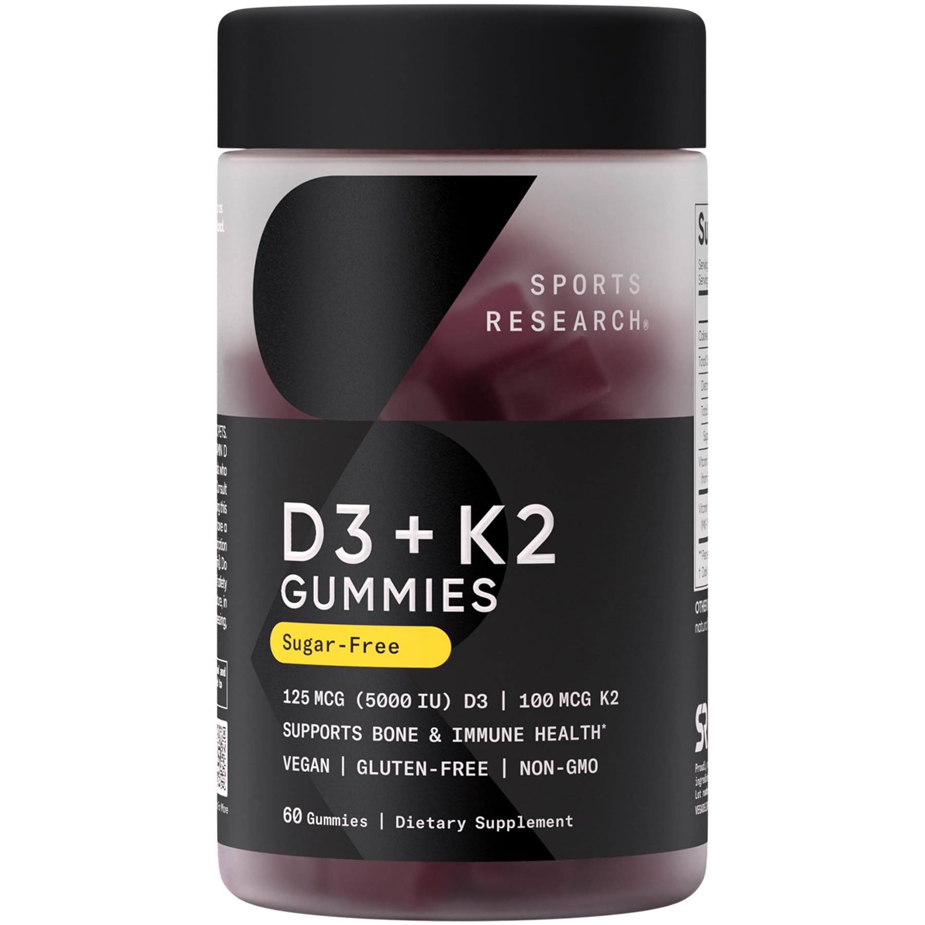 Sports Research vegan D3 + K2 gummies bottle shows sugar-free formula for daily wellness
