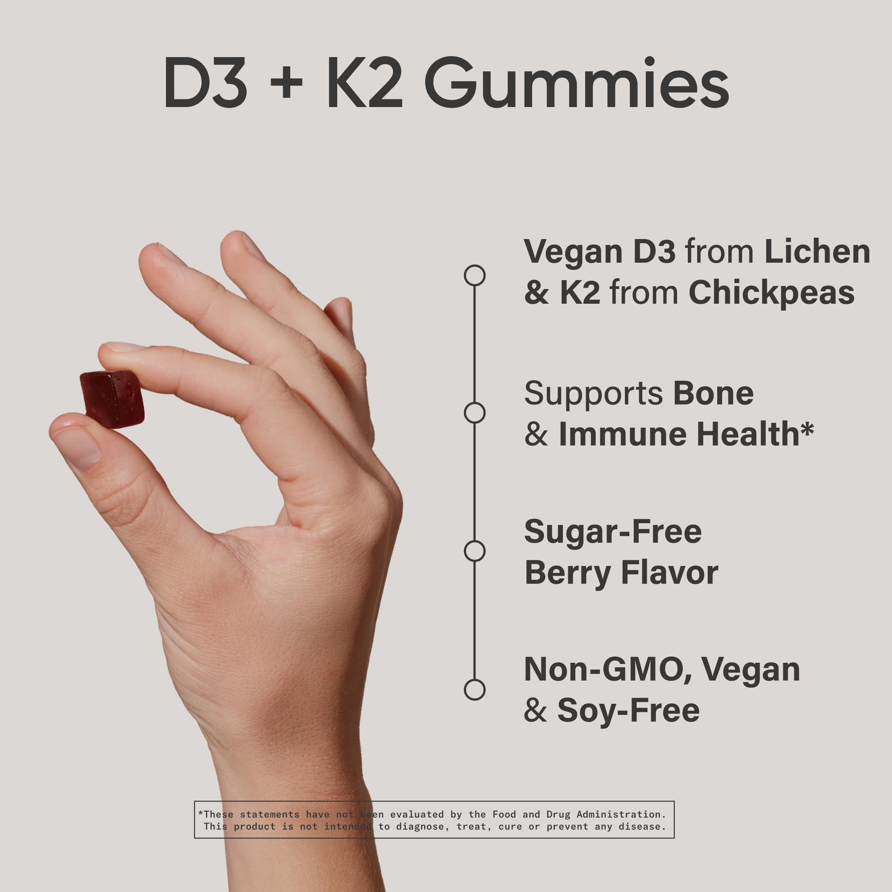 Sports Research vegan D3 + K2 gummies jar close-up with 60 gummies and daily use