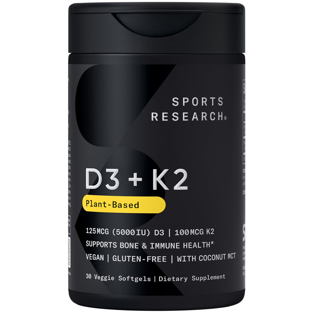 Sports Research vegan D3 K2 softgel bottle highlighting plant-based calcium support.
