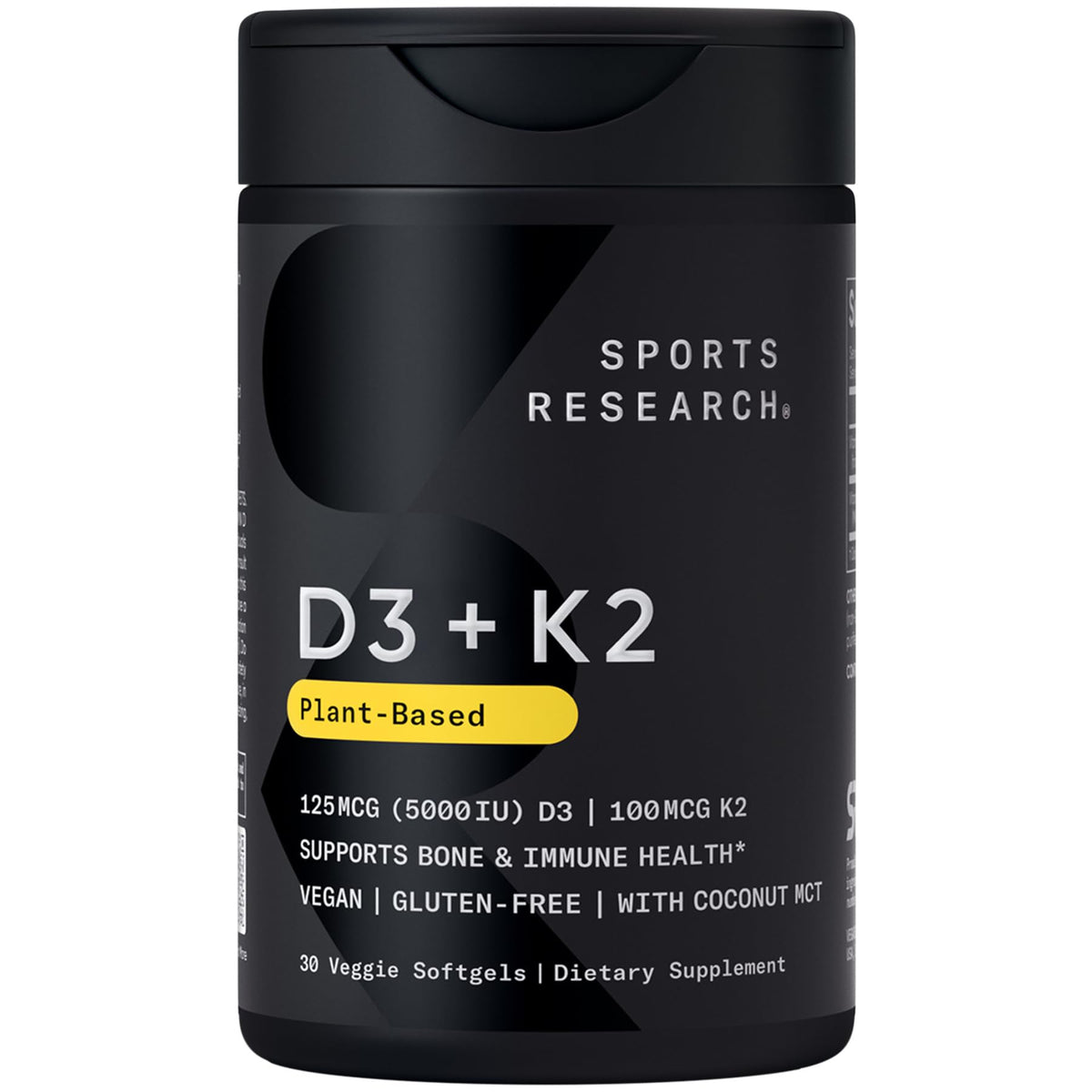 Sports Research vegan D3 K2 softgel bottle highlighting plant-based calcium support.