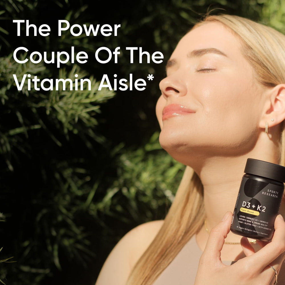 Sports Research vegan D3 K2 softgel texture emphasizes easy swallowing.