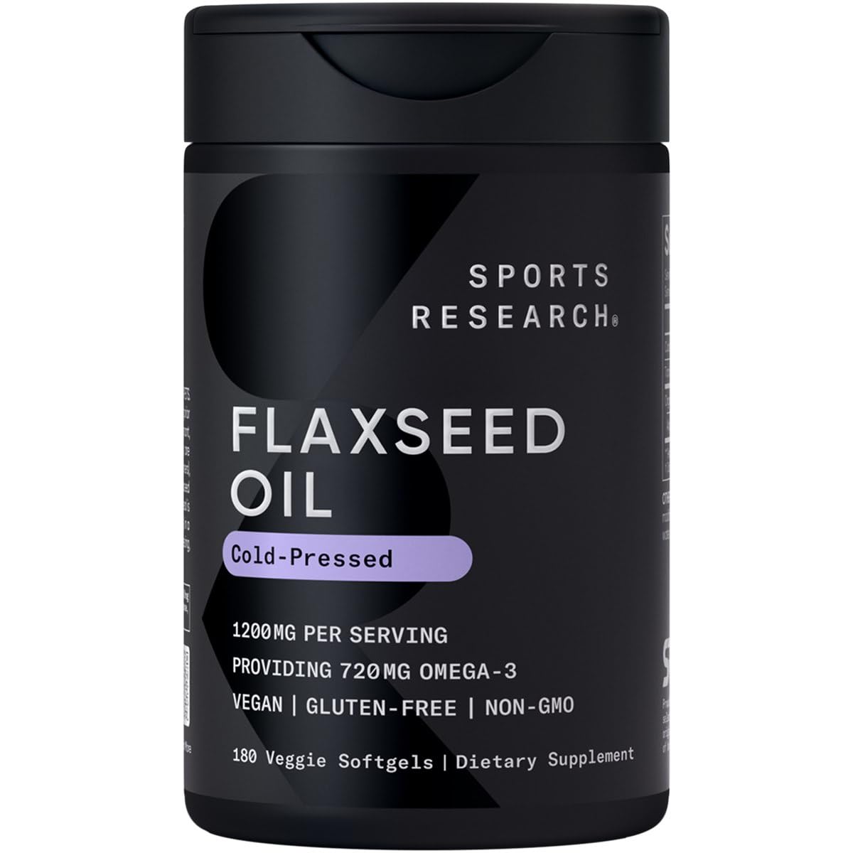 Sports Research vegan flaxseed oil bottle showing plant-based omega-3 support