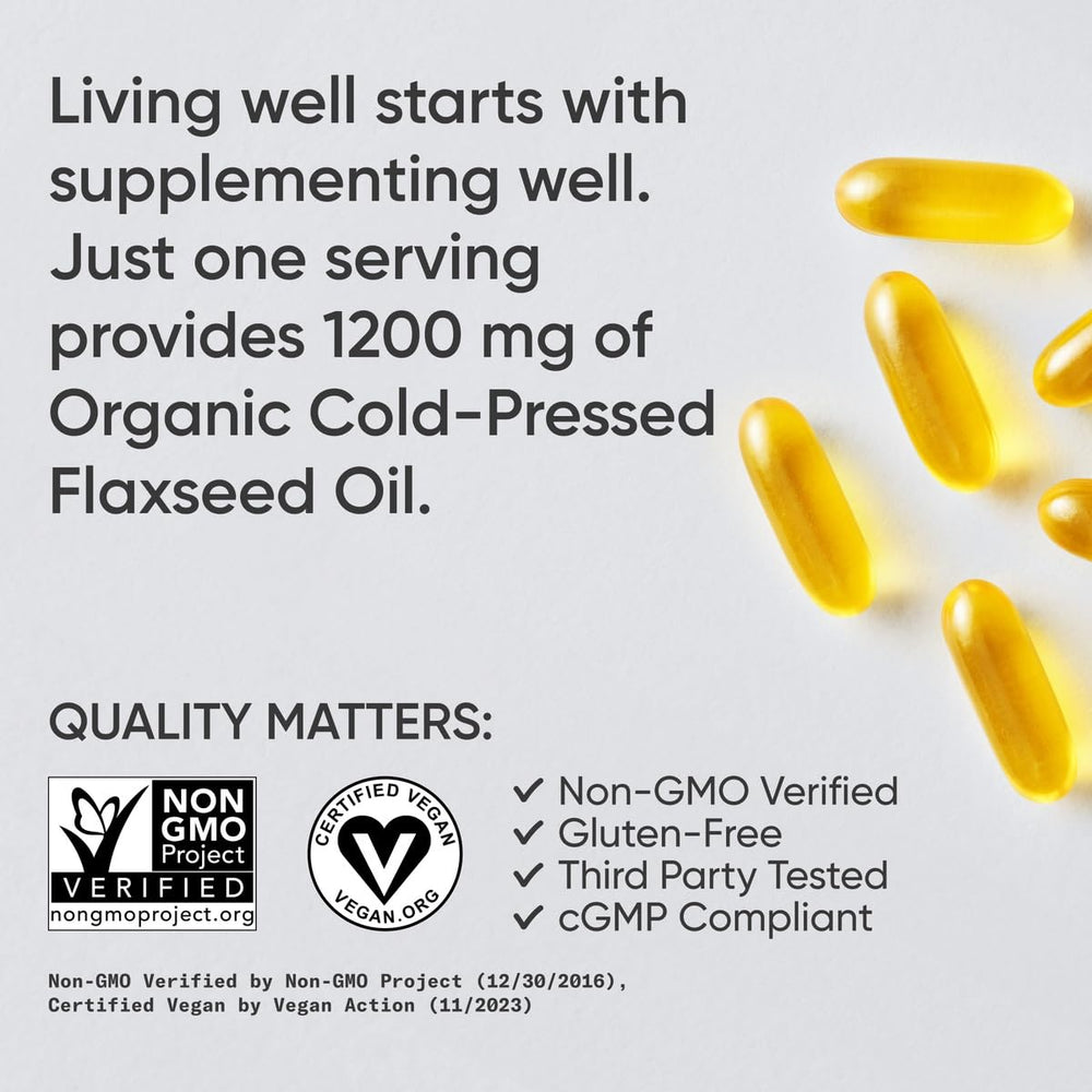 Sports Research flaxseed oil bottle label highlights 1200 mg per capsule and 720 mg ALA