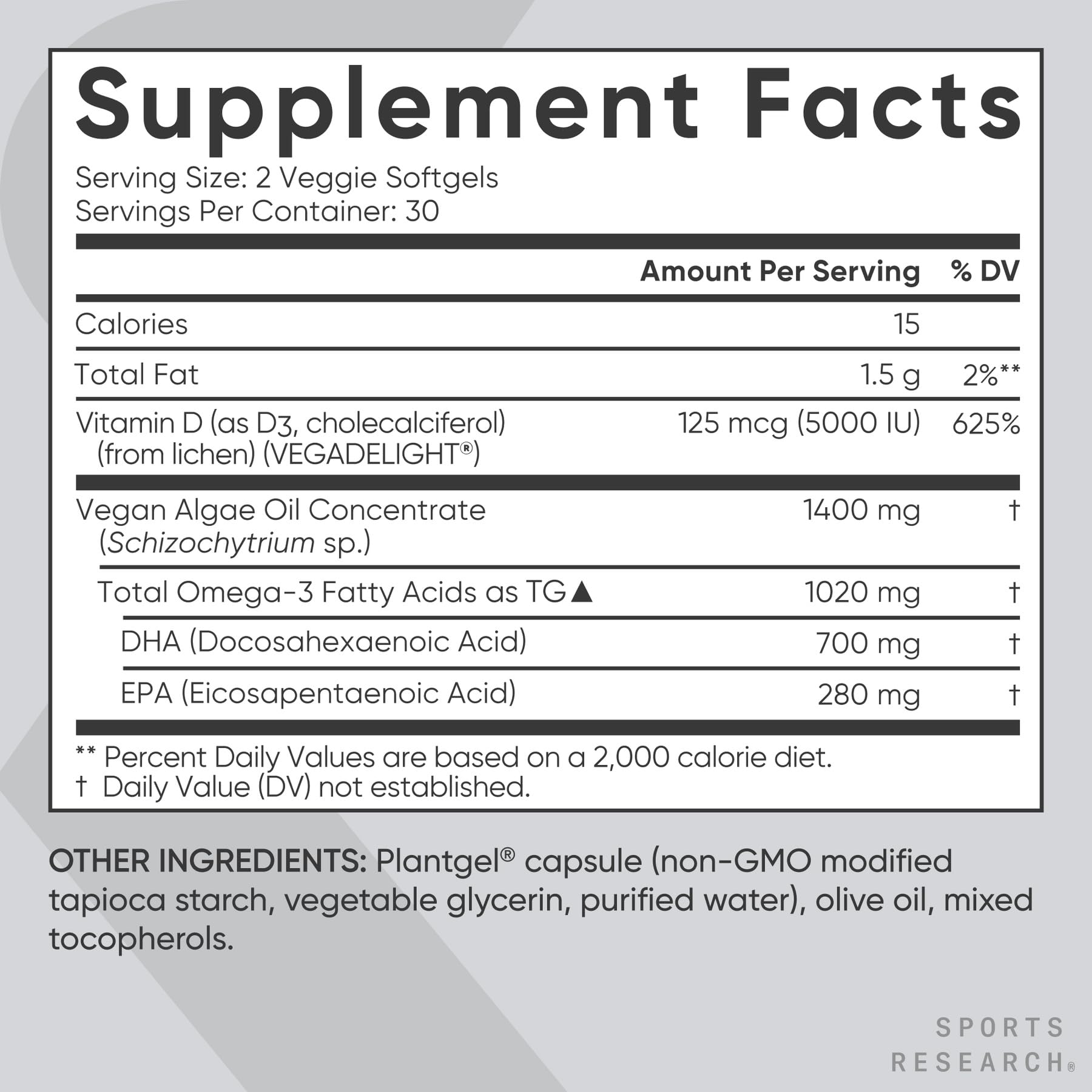 Sports Research packaging notes non-GMO vegan and gluten-free credentials.