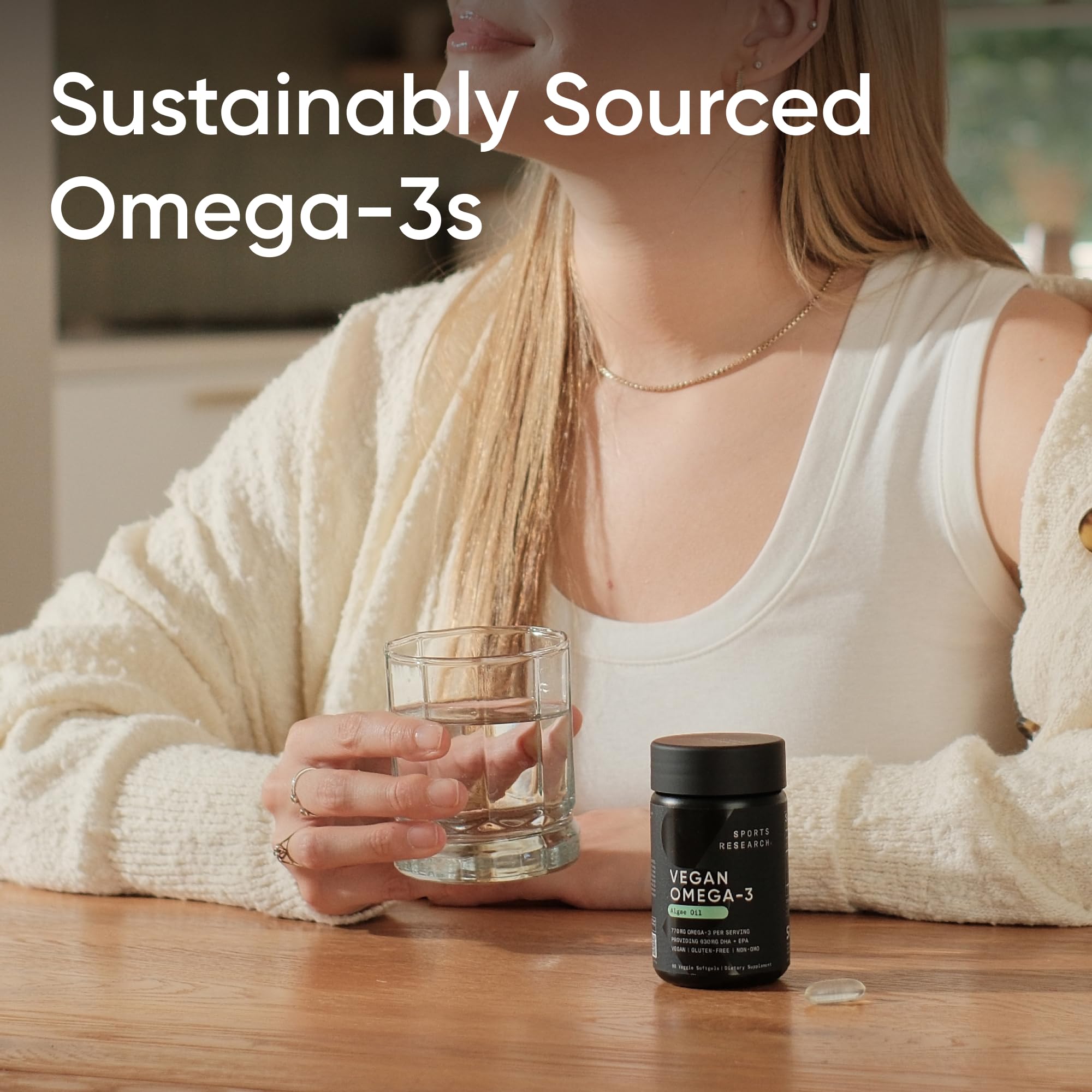 Sports Research vegan omega-3 algae oil softgels bottle close-up shows vegan capsule shell