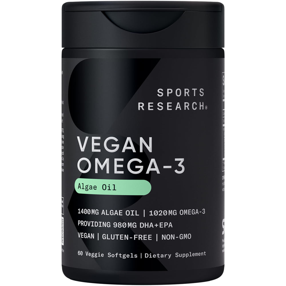 Sports Research vegan omega-3 algae oil softgels bottle highlight 770 mg per serving