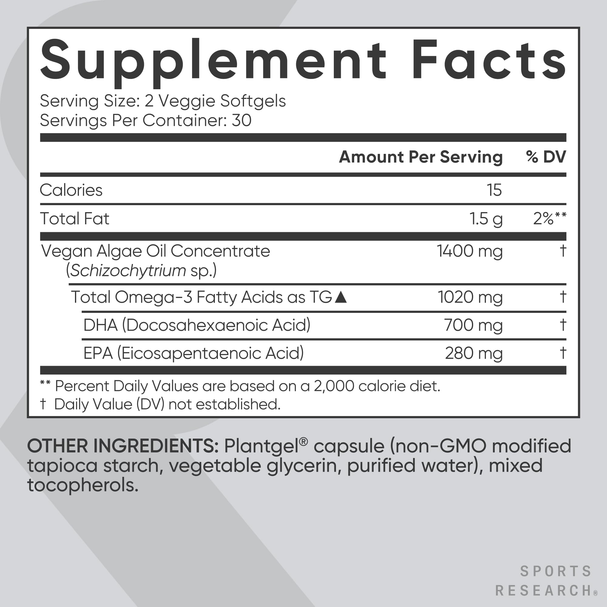 Sports Research vegan omega-3 algae oil softgels ingredients without gelatin or fillers