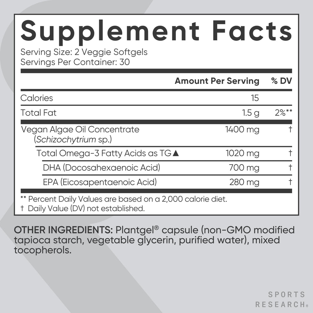 Sports Research vegan omega-3 algae oil softgels ingredients without gelatin or fillers