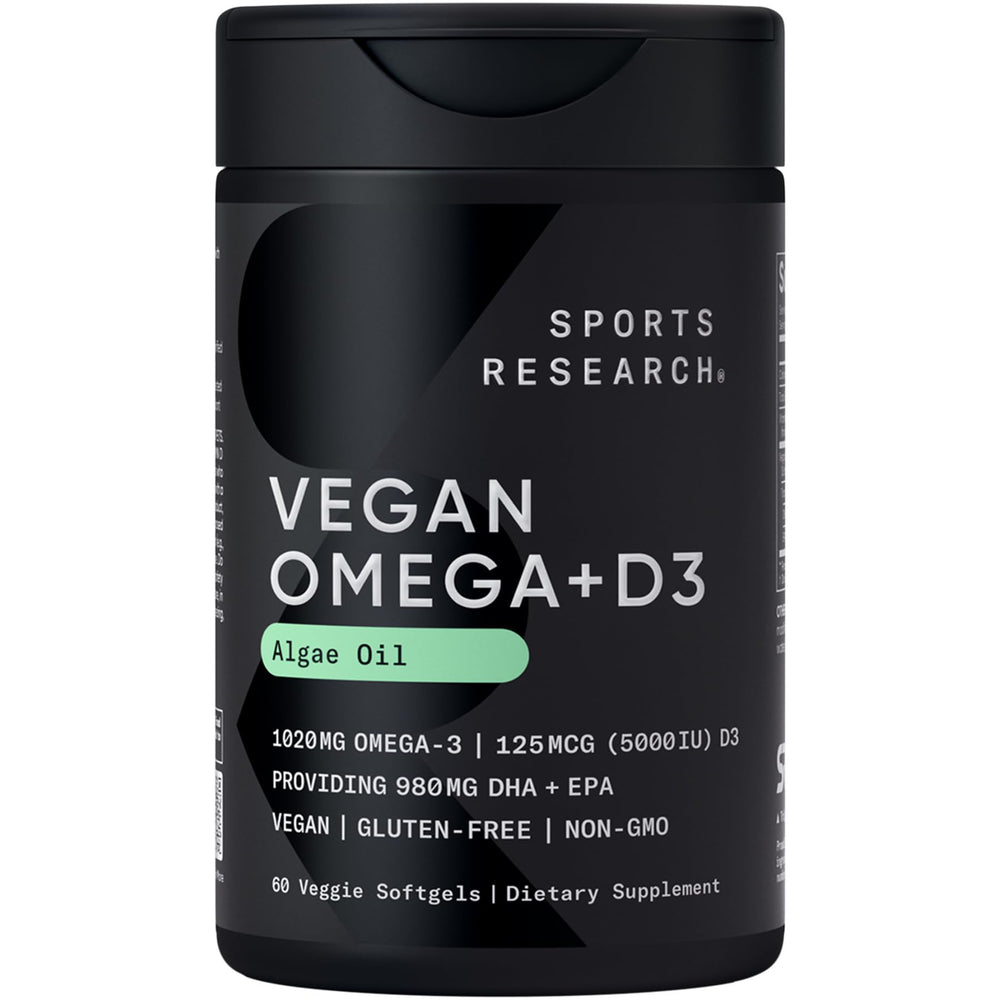 Sports Research vegan omega-3 with D3 softgels bottle highlighting plant-based EPA/DHA.