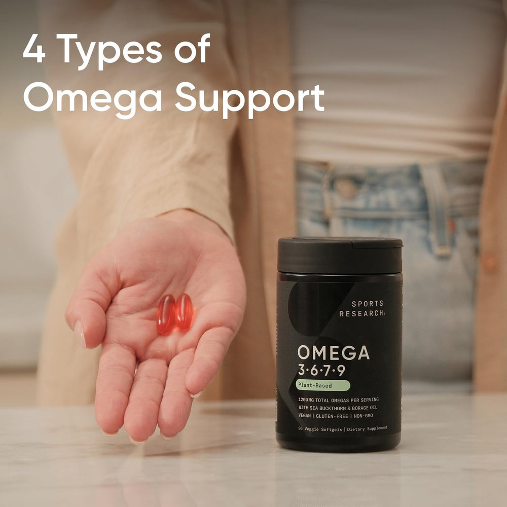 Sports Research Vegan Omega packaging with pomegranate seeds as plant-based blend.