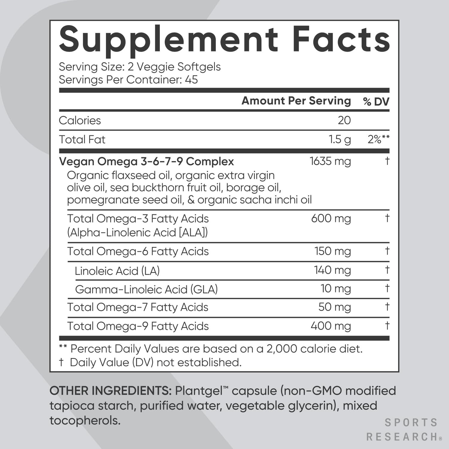 Sports Research Vegan Omega capsule art highlights sacha inchi oil benefits.