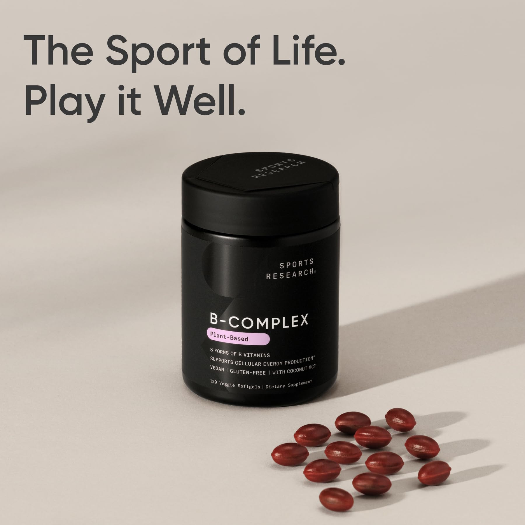 Gluten-free and vegan packaging of Sports Research Vitamin B-Complex label.