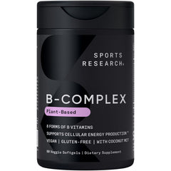 Sports Research Vitamin B-Complex full spectrum capsules in bottle for daily energy support