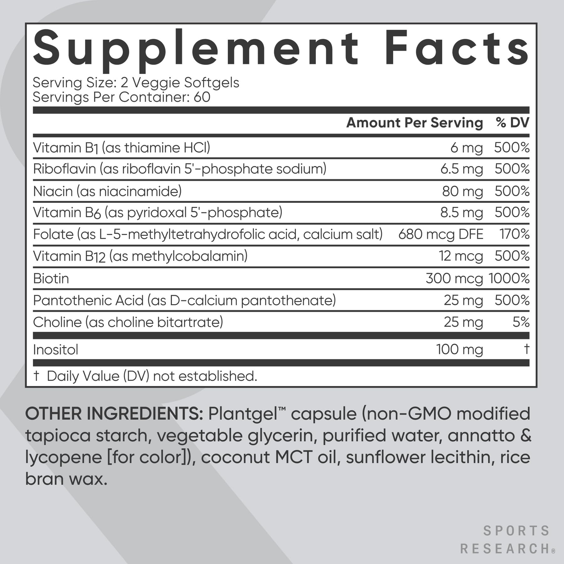 ScentCert freshness seal on Sports Research Vitamin B-Complex bottle.
