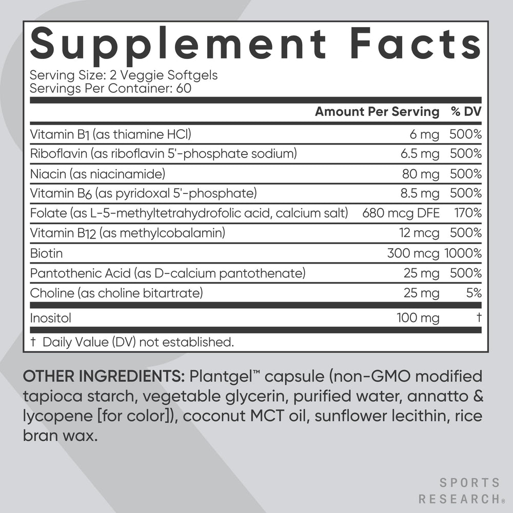 ScentCert freshness seal on Sports Research Vitamin B-Complex bottle.