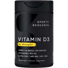Sports Research Vitamin D3 bottle with 120 softgels for daily immune and bone support.