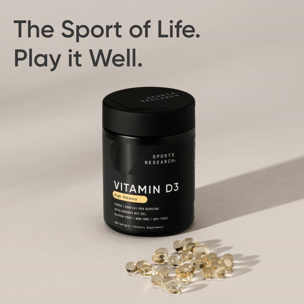 Sports Research Vitamin D3 bottle focused on gluten-free and soy-free nutrition.