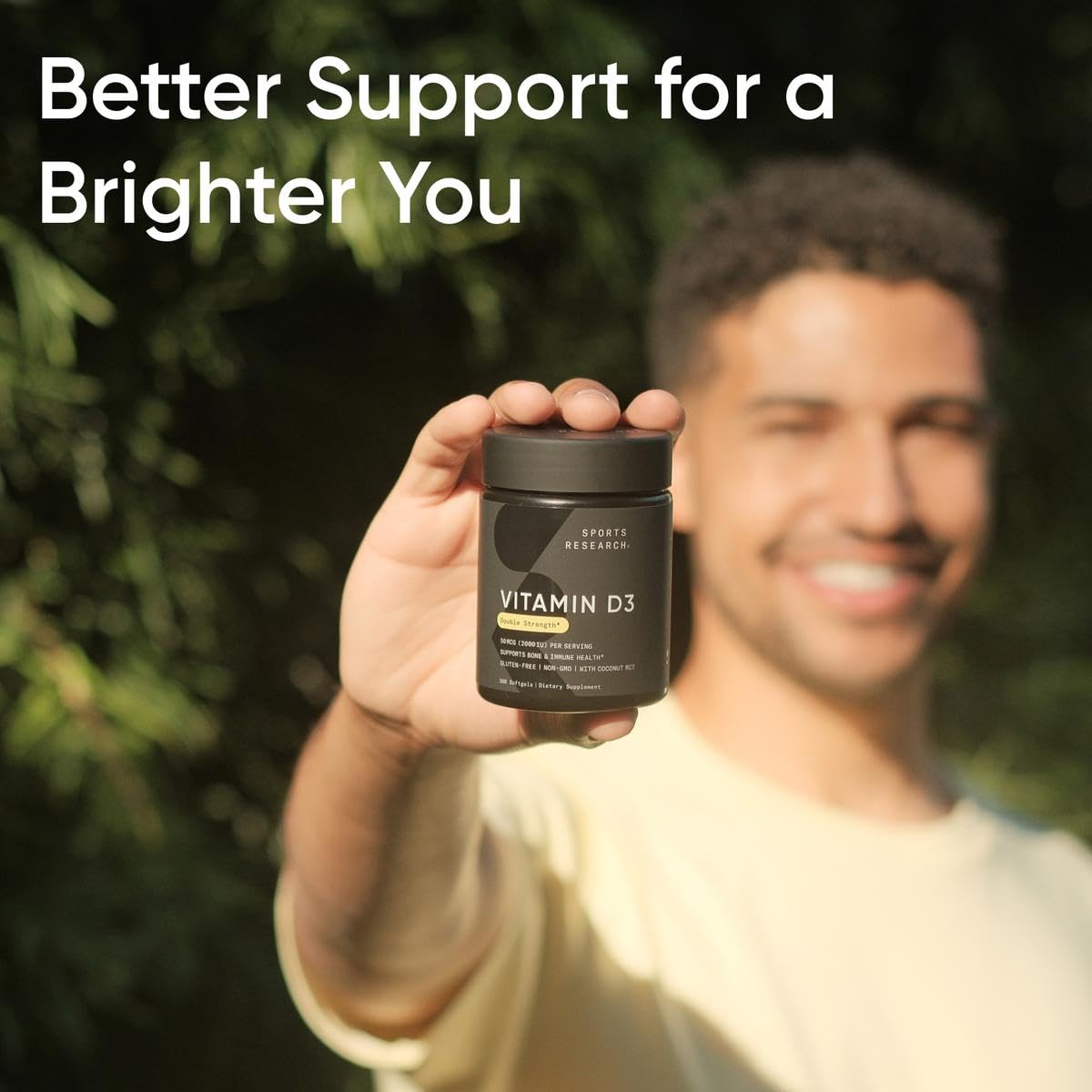 Sports Research Vitamin D3 display packaging highlighting non-GMO formula