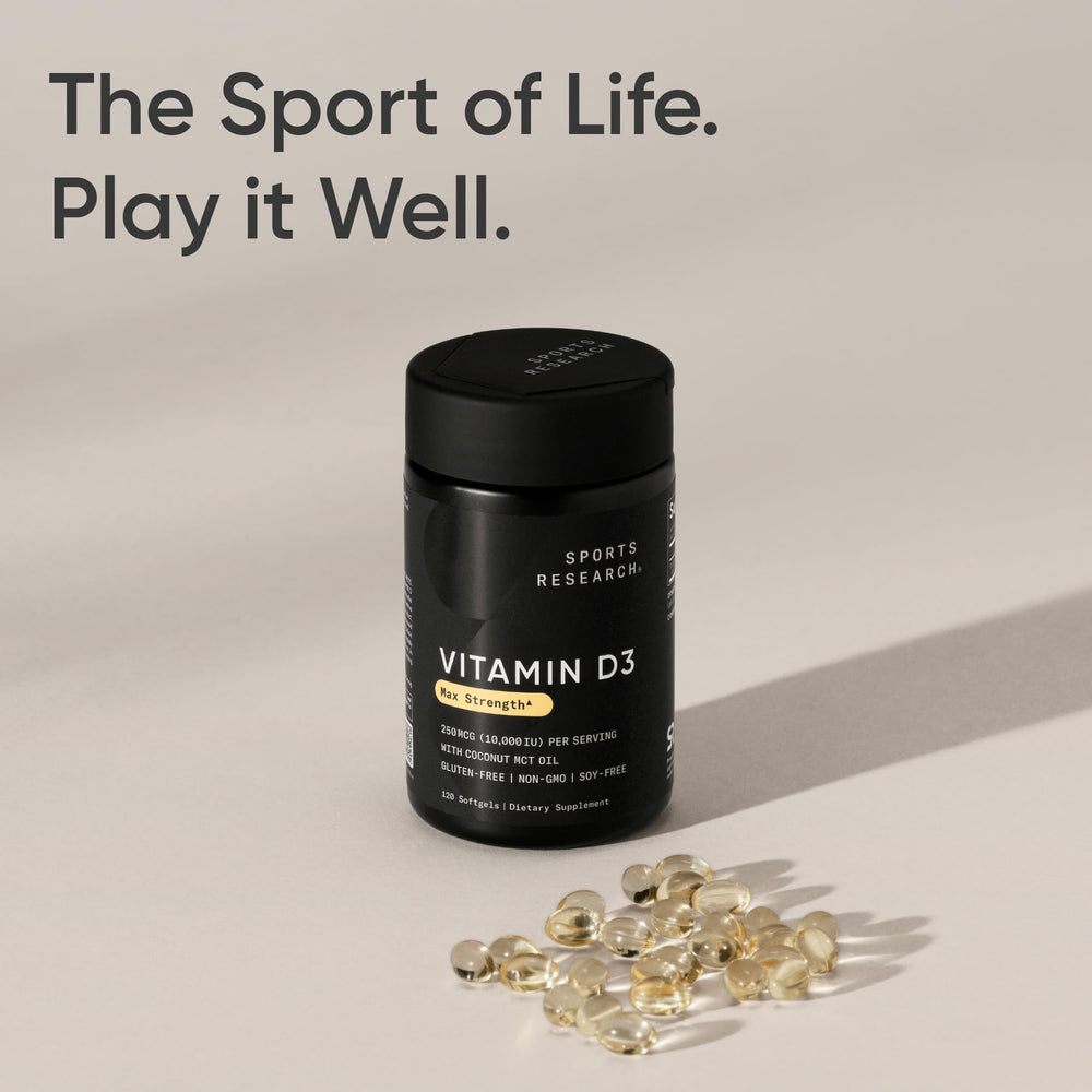 Sports Research Vitamin D3 bottle in a daily routine setup with water glass.