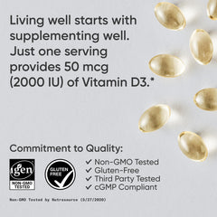 Sports Research Vitamin D3 badge emphasizes non-GMO and gluten-free ingredients