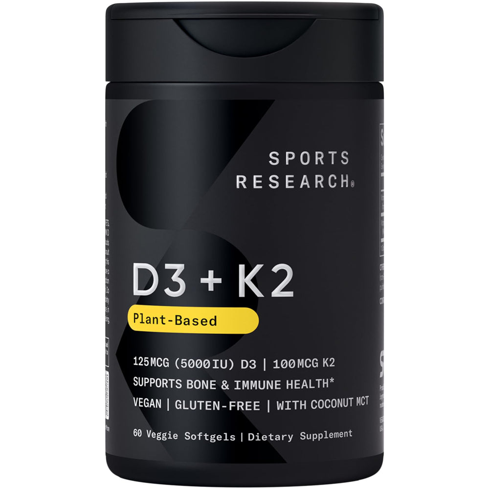 Sports Research D3 + K2 bottle with softgels for bone health.