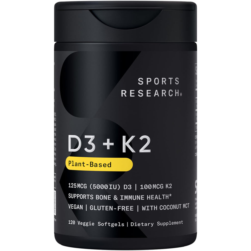 Sports Research Vitamin D3 + K2 vegan softgels bottle front, signaling bone and immune support.