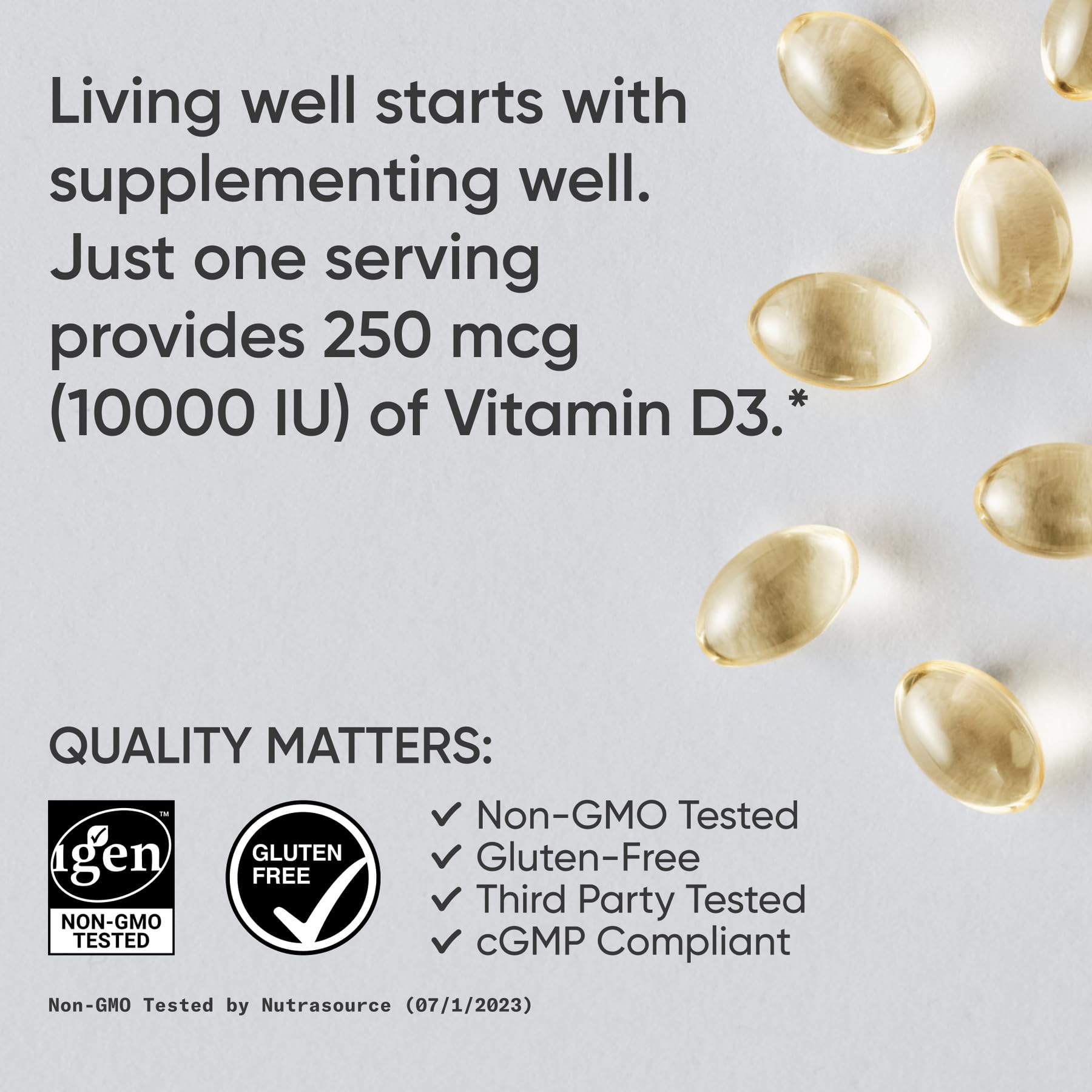Sports Research Vitamin D3 packaging label highlights gluten-free and non-GMO ingredients.