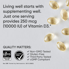 Sports Research Vitamin D3 packaging label highlights gluten-free and non-GMO ingredients.
