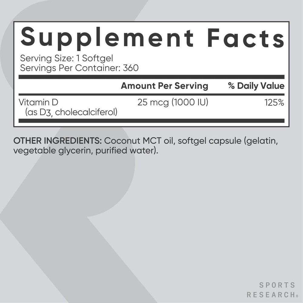 Sports Research Vitamin D3 packaging image highlighting USA-made quality and third-party testing.