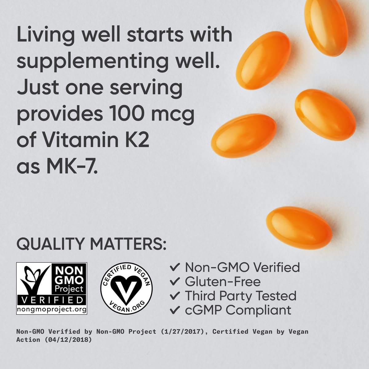 Vegan-certified label on Sports Research K2 MK-7 packaging.